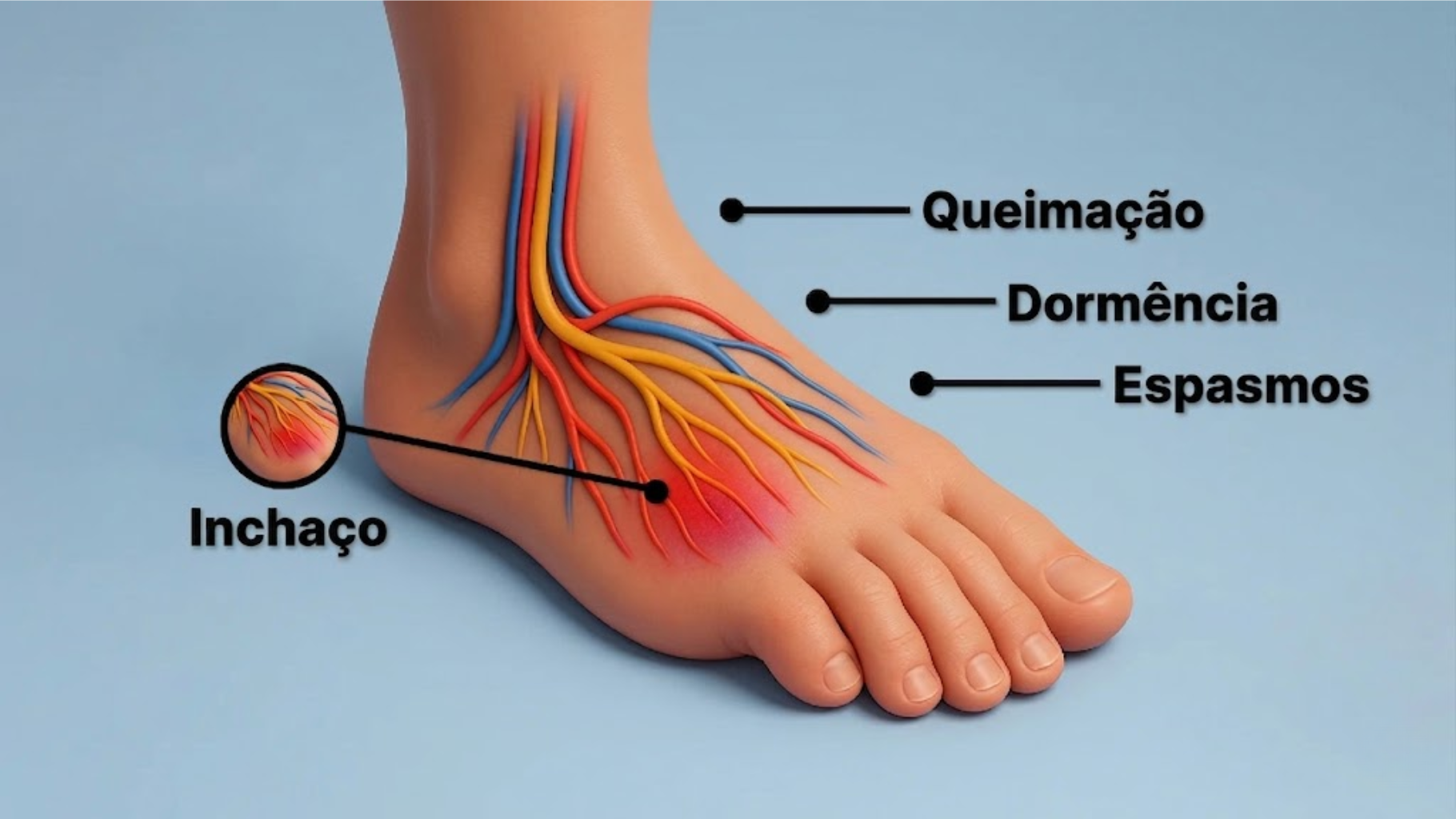 Diagrama neuropatia – queimação, dormência, espasmos, inchaço