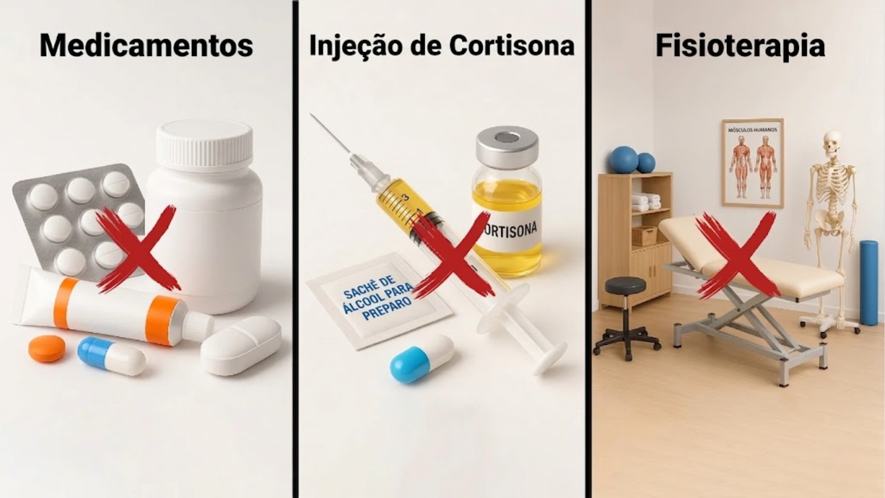 Medicamentos, cortisona e fisioterapia com X vermelho